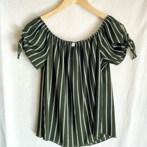 Off The Shoulder Tie Sleeve Striped Dark Green Top
